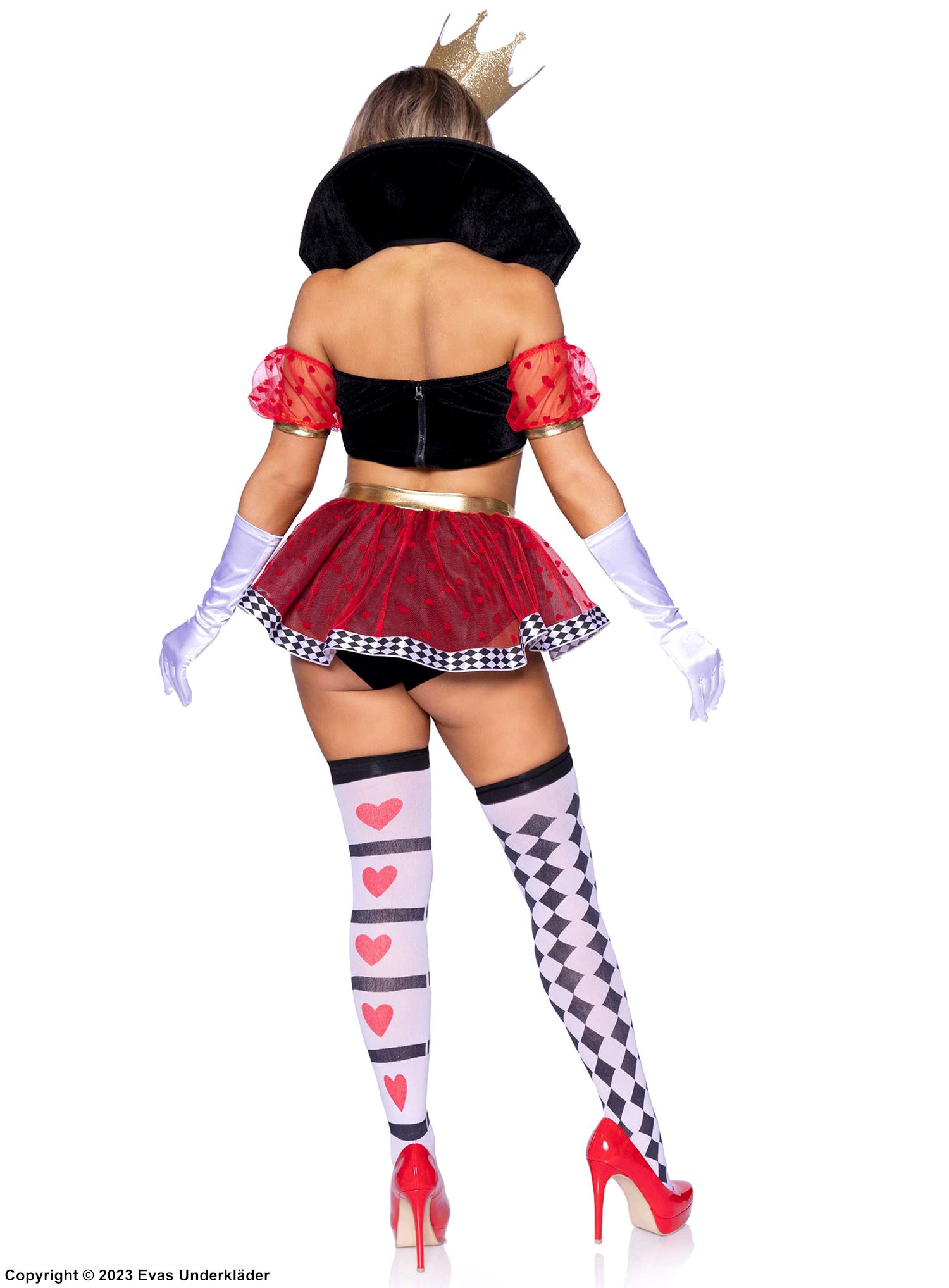 Red Queen from Alice in Wonderland, top and shorts costume, cold shoulder, stay up collar, diamond pattern